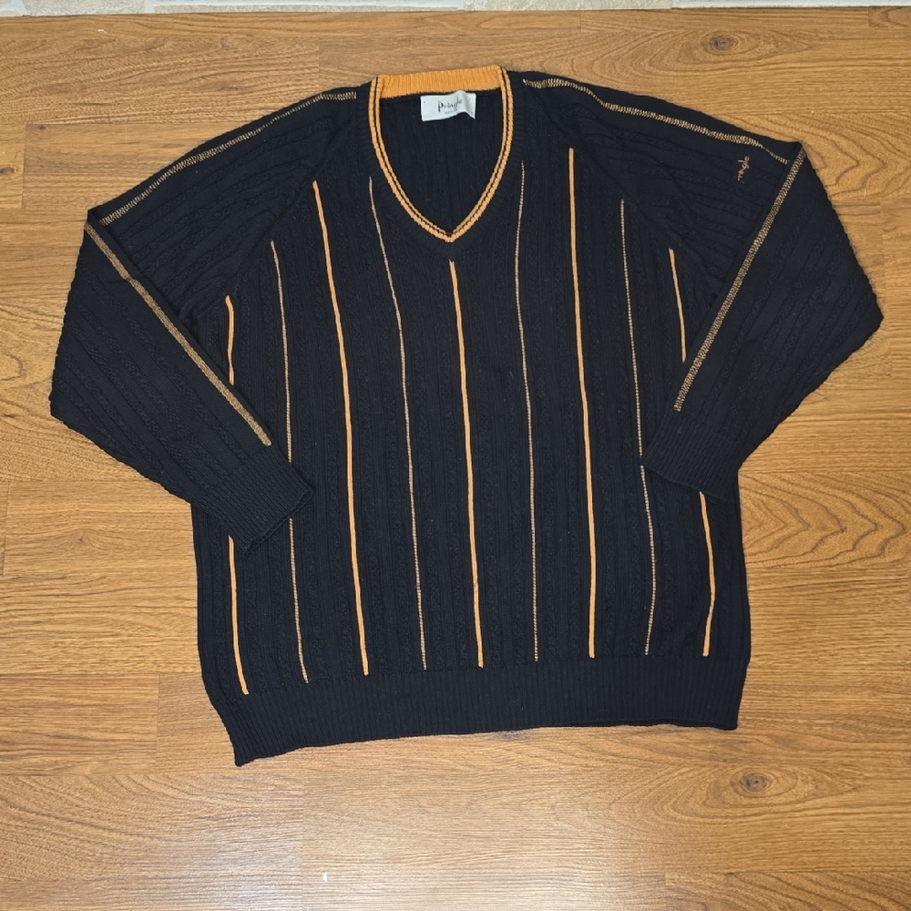 Pringle of Scotland Wool V-Neck Cable Knit Sweater | Size 44 (L/XL) Black/Tan